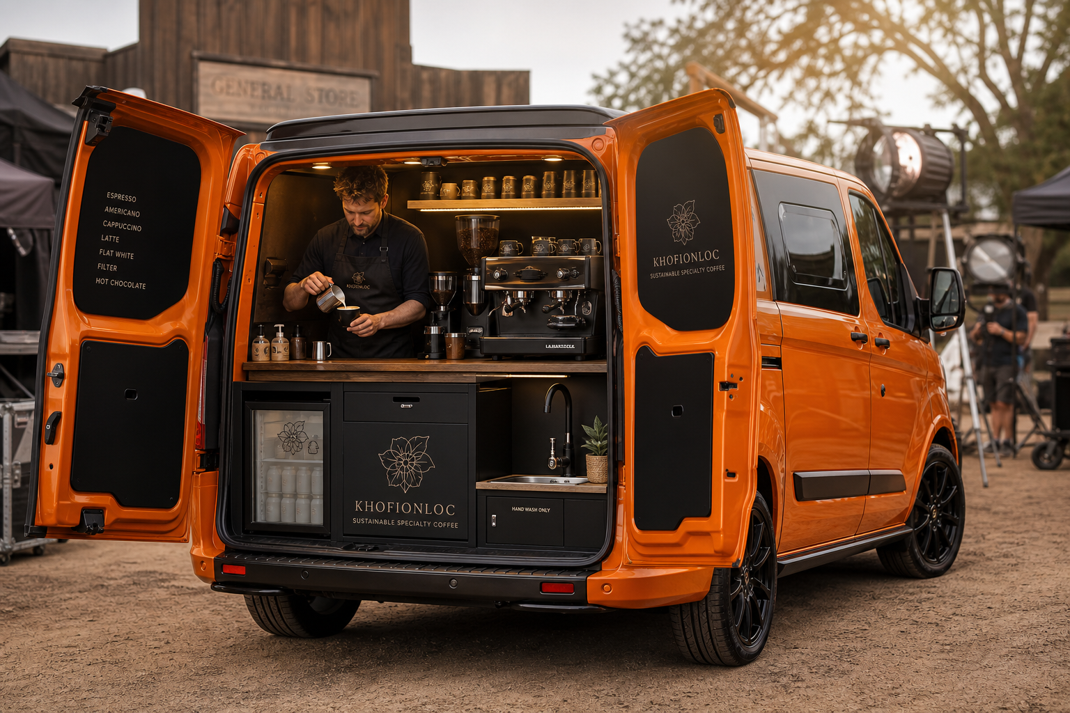Khofionloc converted 2022 Ford Transit Custom coffee van serving espresso on a film location