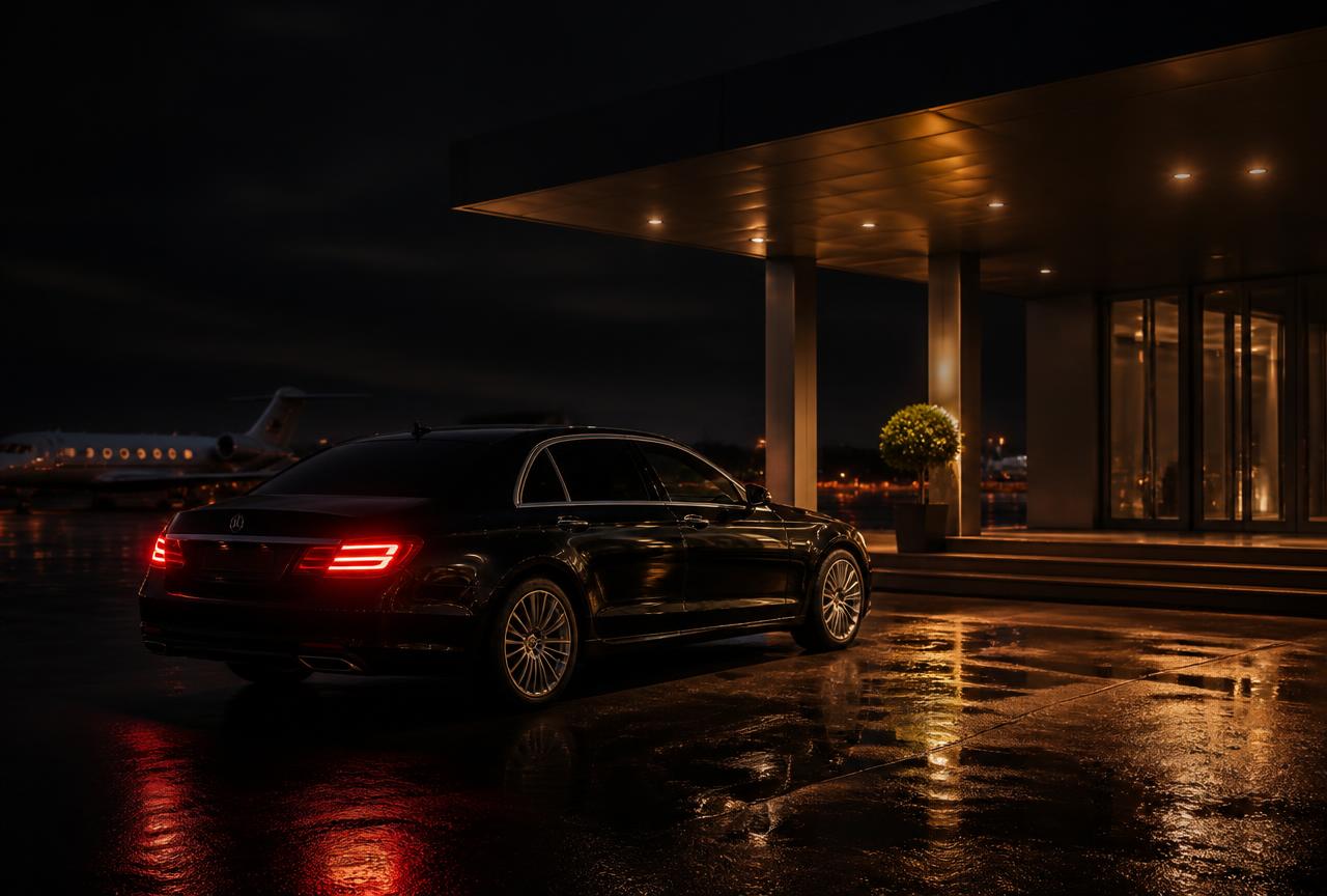 Luxury saloon waiting outside a location at night