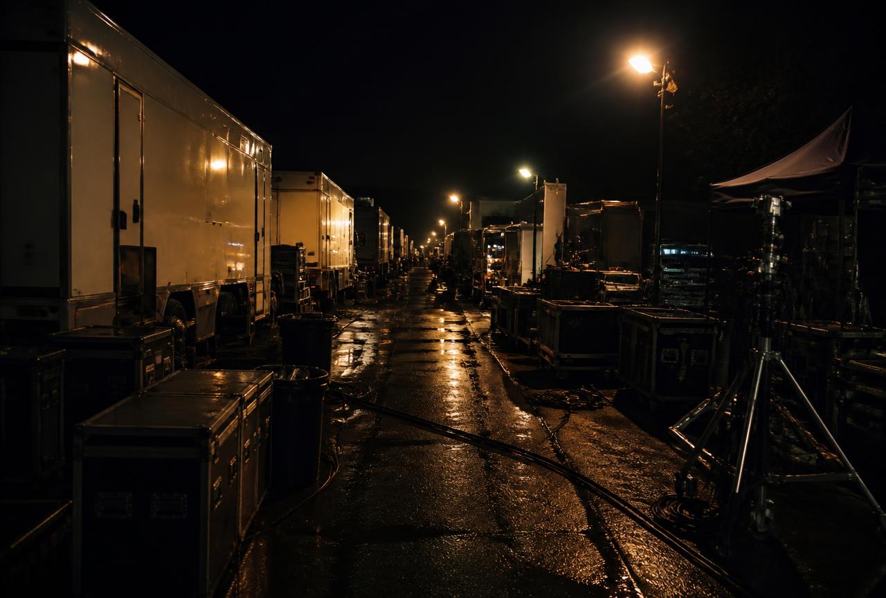 Film unit base at night with production vehicles and flight cases