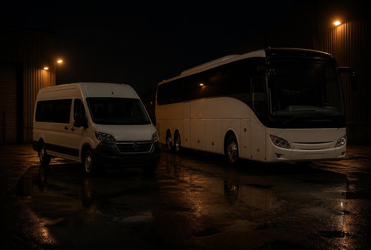 UK minibus and 53 seater touring coach parked at a unit base at night