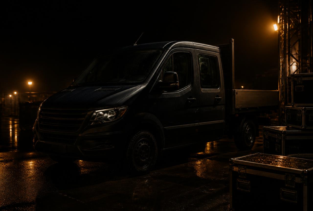 Dark UK crew cab van beside flight cases at a production base at night