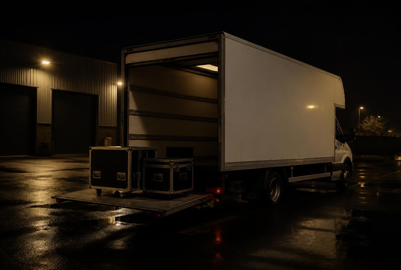 White Luton box van with tail lift lowered and flight cases at night