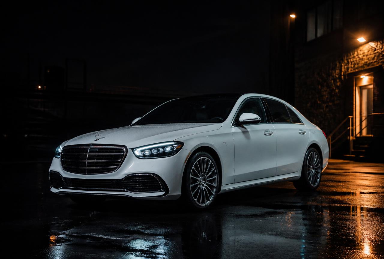 White 2020 Mercedes-Benz S-Class saloon at night on a production location
