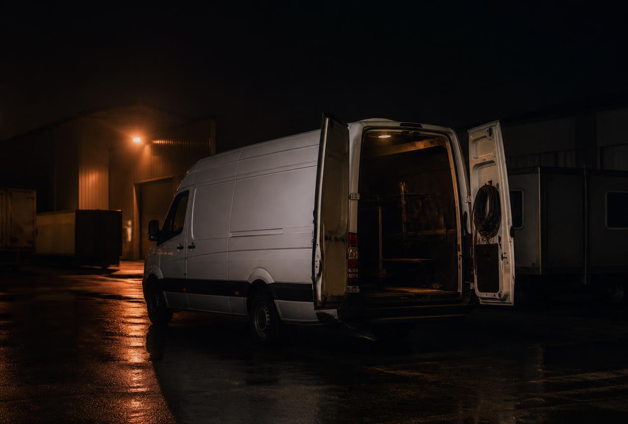 White UK-spec long wheelbase Mercedes Sprinter van with rear doors open at night