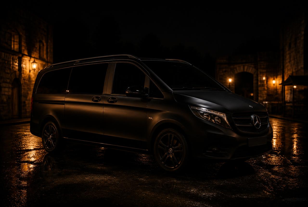 Black Mercedes V-Class luxury MPV at night on a UK location